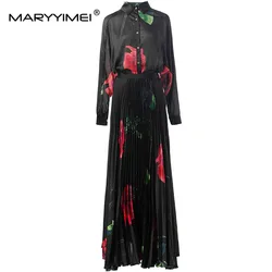 MARYYIMEI Spring Summer Women's Suit Turn-Down Collar Single-Breasted Long-Sleeved Tops+Pleated Half Skirt Print Two Piece Set