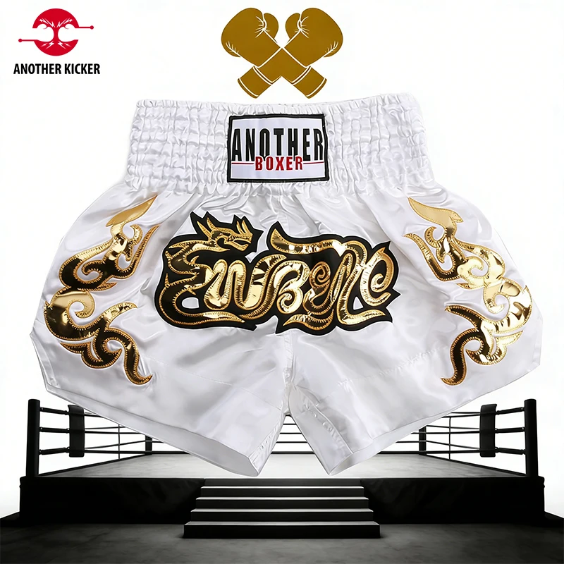 Pantalones cortos Muay Thai para hombres, mujeres y niños, pantalones de entrenamiento de boxeo, bordado satinado, poliéster, artes marciales, lucha, Kickboxing, ropa de lucha