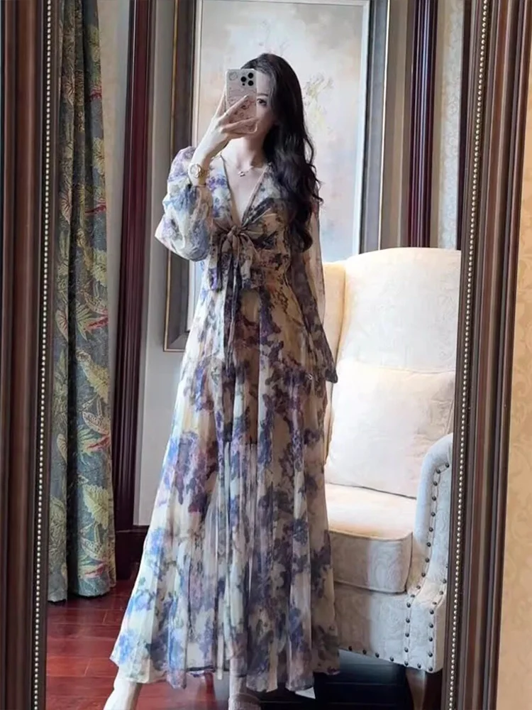 

Syxatn N13 Women's Long Sleeve Floral Print Dress V-Neck Tie Waist A-Line Summer Slimming Dress Casual Holiday Wear