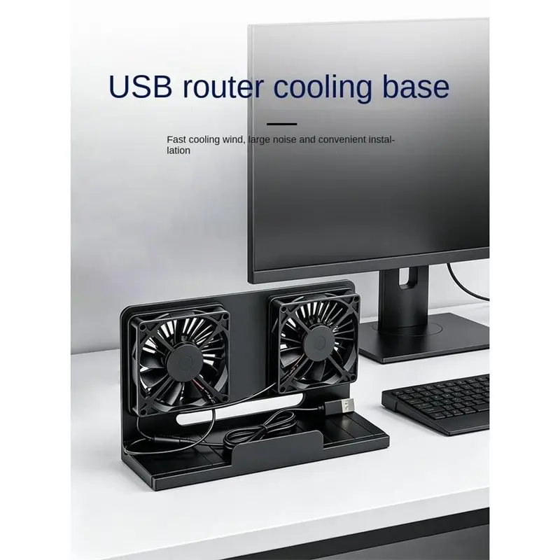 B48A USB 5V Vertical Dual Fan Cooler Bracket Desk Mounting Stand For Modem Router With Retractable Base White