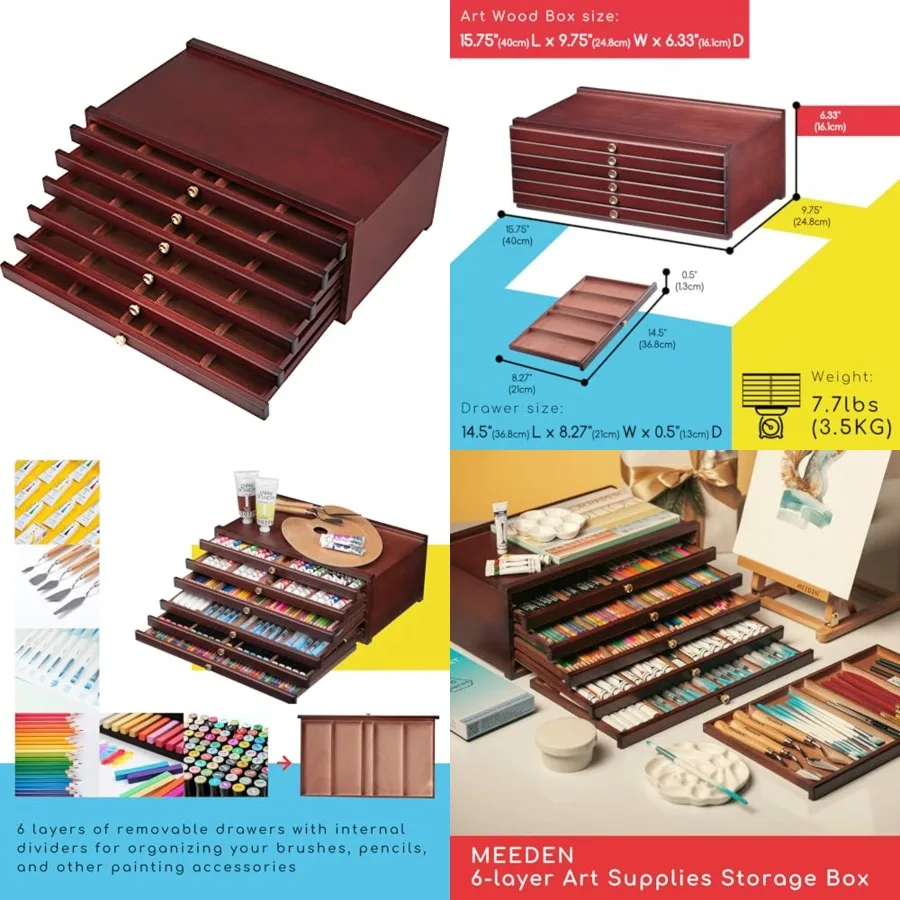 

6-drawer Wood Artist Supply Storage Box Portable Beechwood Multifunctional Pencil Brush Organizer Wood Box with DrawerandCompar