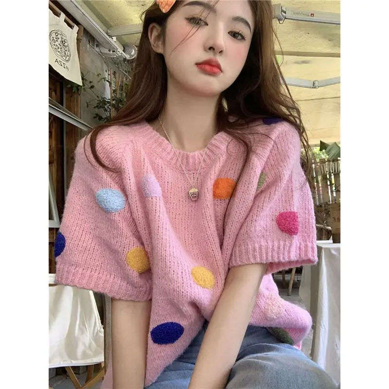 Aesthetic Clothes Graphic T Shirts Sweet Loose Short Sleeved Knitted Top Student Cute 3D Polka Dot Sweater Pink Jumper Knitwear