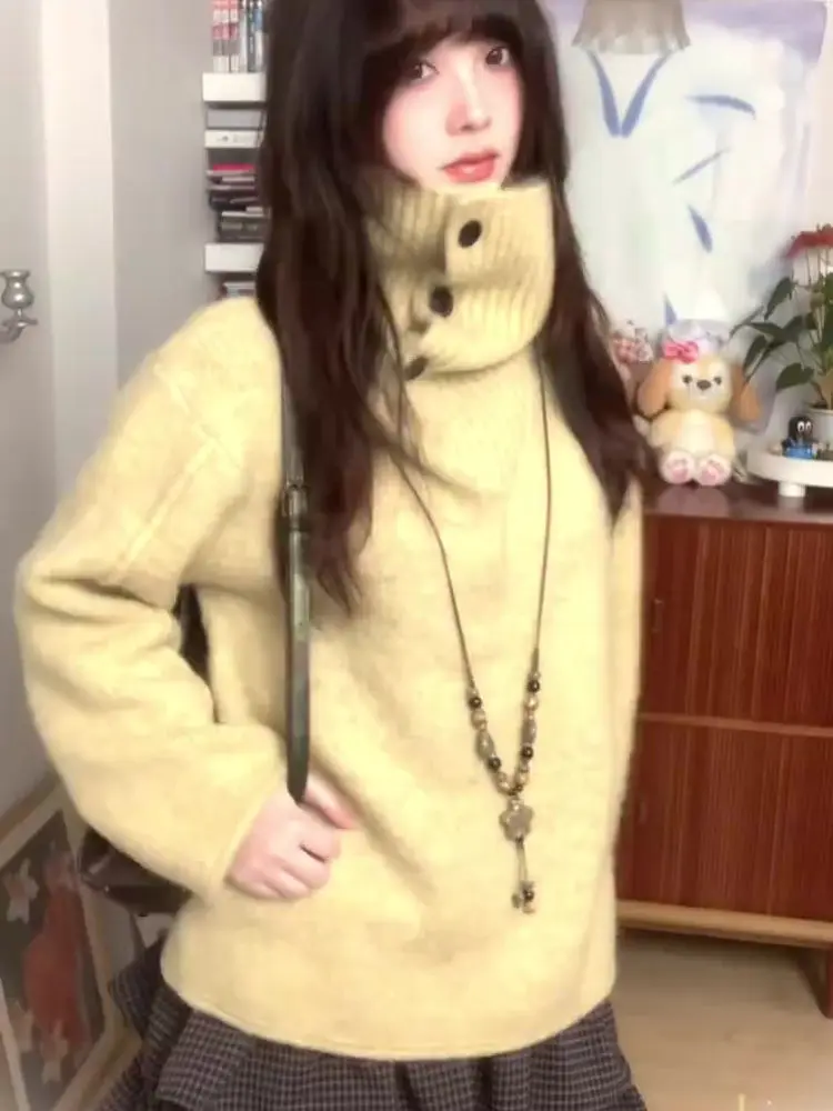 Autumn Winter Thiened Yellow High Collar Sweater Women's Loose Knitted Top Outerwear Inner Match 2025 Trendy Lazy Sle