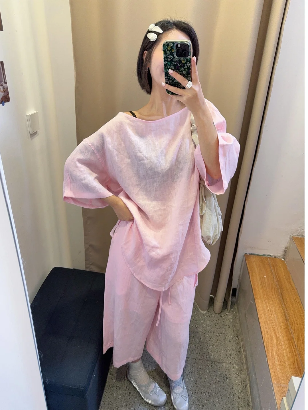 Laid-back Style Pink Asymmetrical Shoulder Cotton Linen Set Women Summer Loose Slimming Linen T-shirt Shorts Two-piece Set