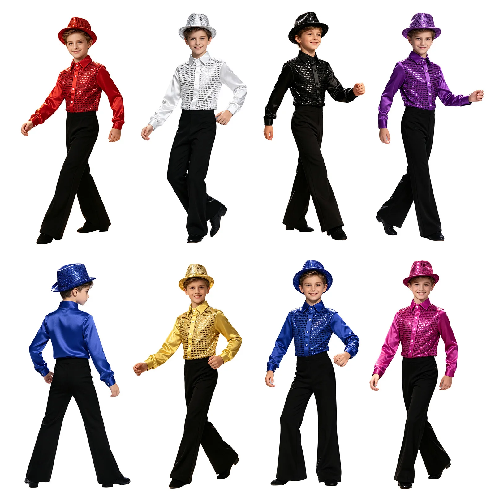Conjunto de Disfraz para Niños con Camisa de Lentejuelas Brillantes de Manga Larga, Pantalones y Sombrero de Lentejuelas, Traje para Actuaciones de Jazz, Disfraz Hippie, Trajes de Discoteca