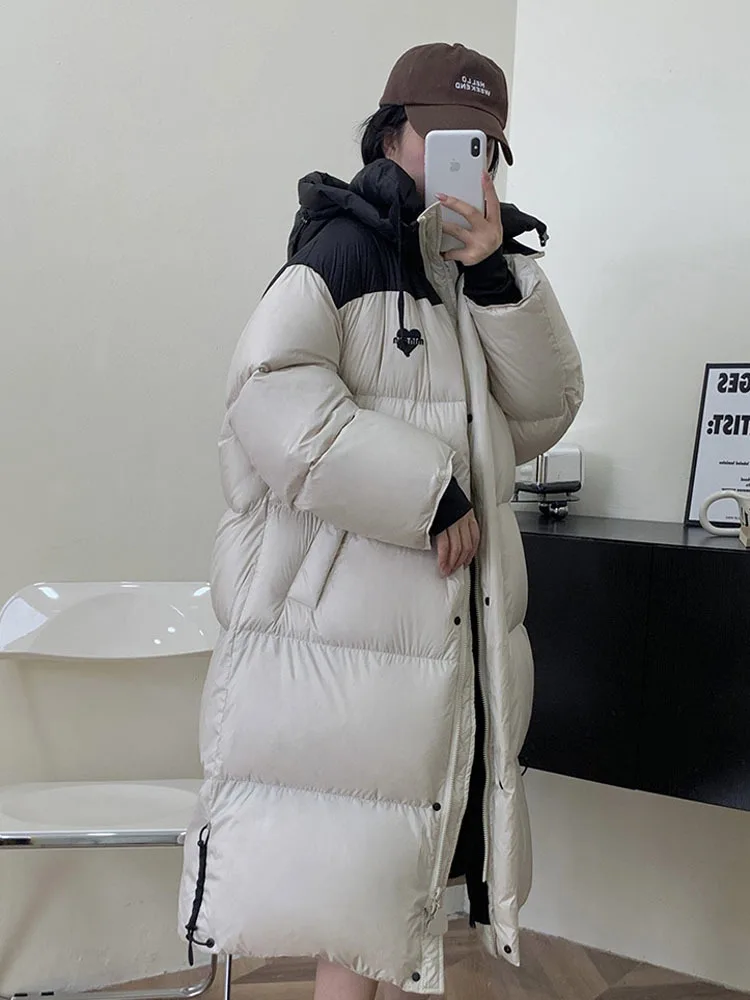 2023 Sports Style Long Hooded White Duck Down Jacket Coat Loose Thickened Long Down Coats Warm Clothing Winter Wear