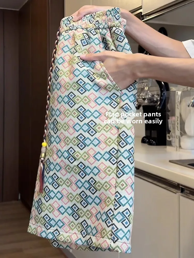 

Летние тонкие дышащие свободные прямые брюки Qui Dry с пятью ортами, мужские спортивные повседневные брюки с этническим плетением и рисунком