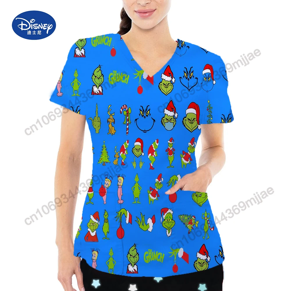 Disney Nurse T-shirt V-neck Pocket Women\'s Surgical Clothing Woman Clothes for Women Y2k Tops Women\'s Long Sleeve Top Female