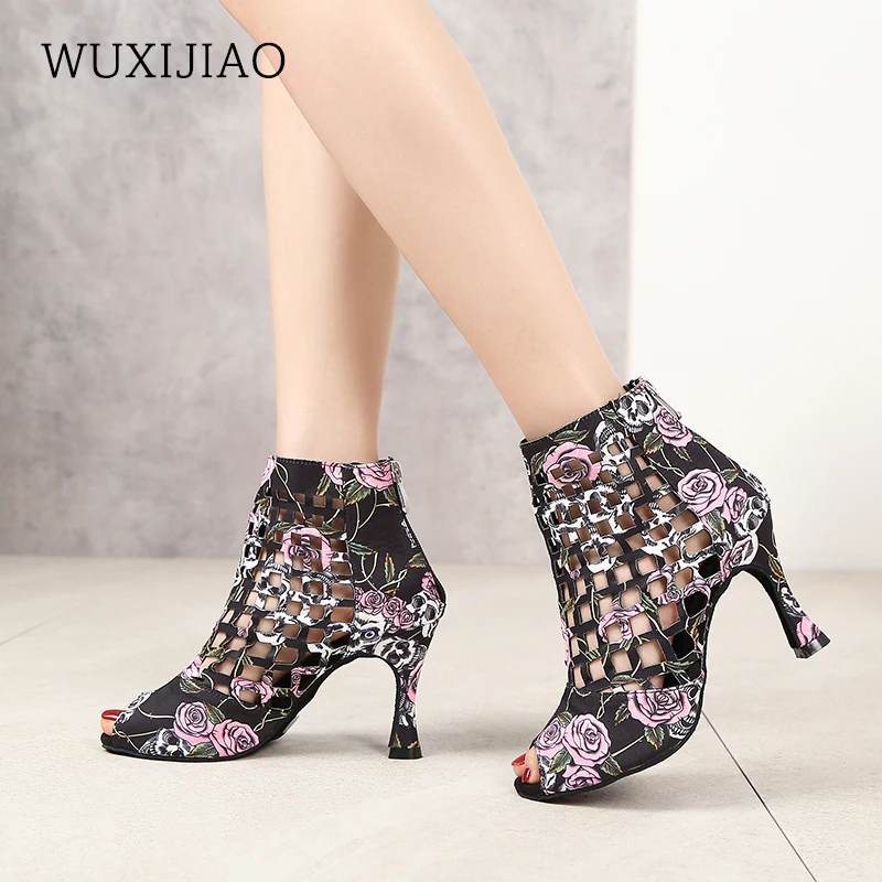 New shoe for woman cutout satin rose ankle boots prom shoes latin heel 7.5cm