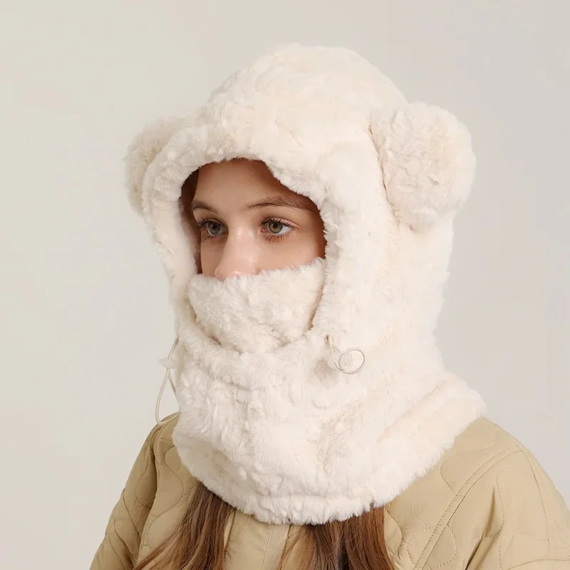 Engrossado de pelúcia inverno quente chapéu cachecol máscara define feminino kawaii urso orelha gorro proteção de orelha boné à prova de vento bicicleta bowler chapéu