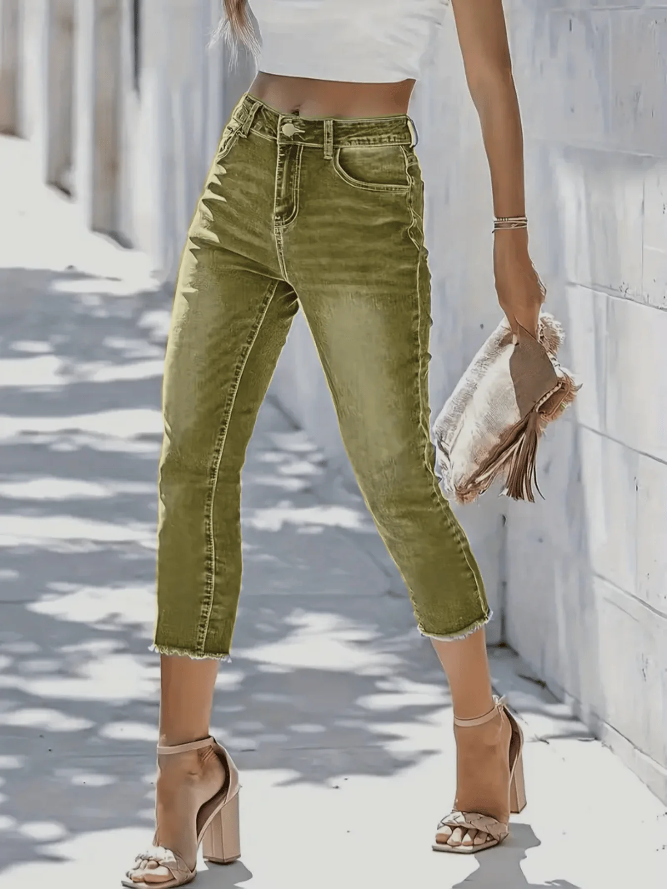 Army Green High Waist Skinny Cropped Jeans Frayed Hem Stretch Slim Versatile Casual Women Jeans