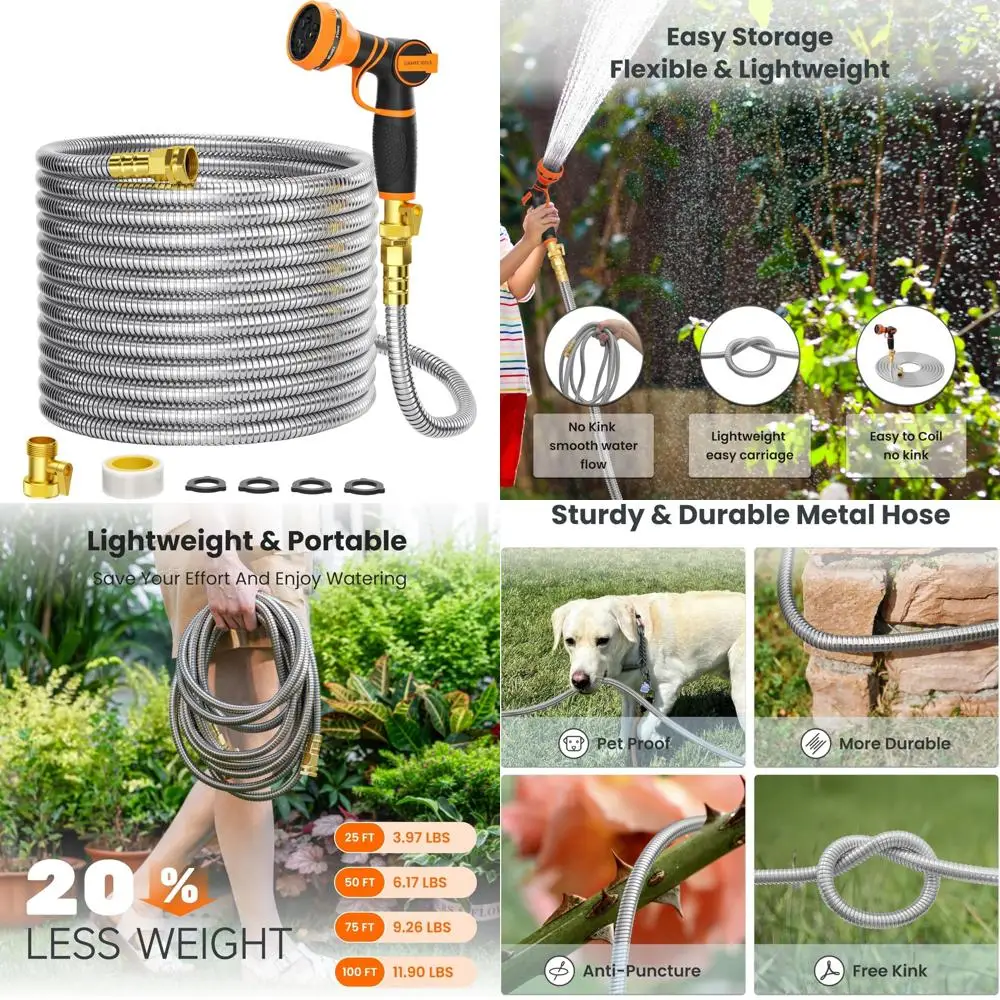 

100ft 5/8 Inch Stainless Steel Garden Hose with 9-Pattern Spray Nozzle, No Kink, Durable Metal Water Hose for Outdoor Use