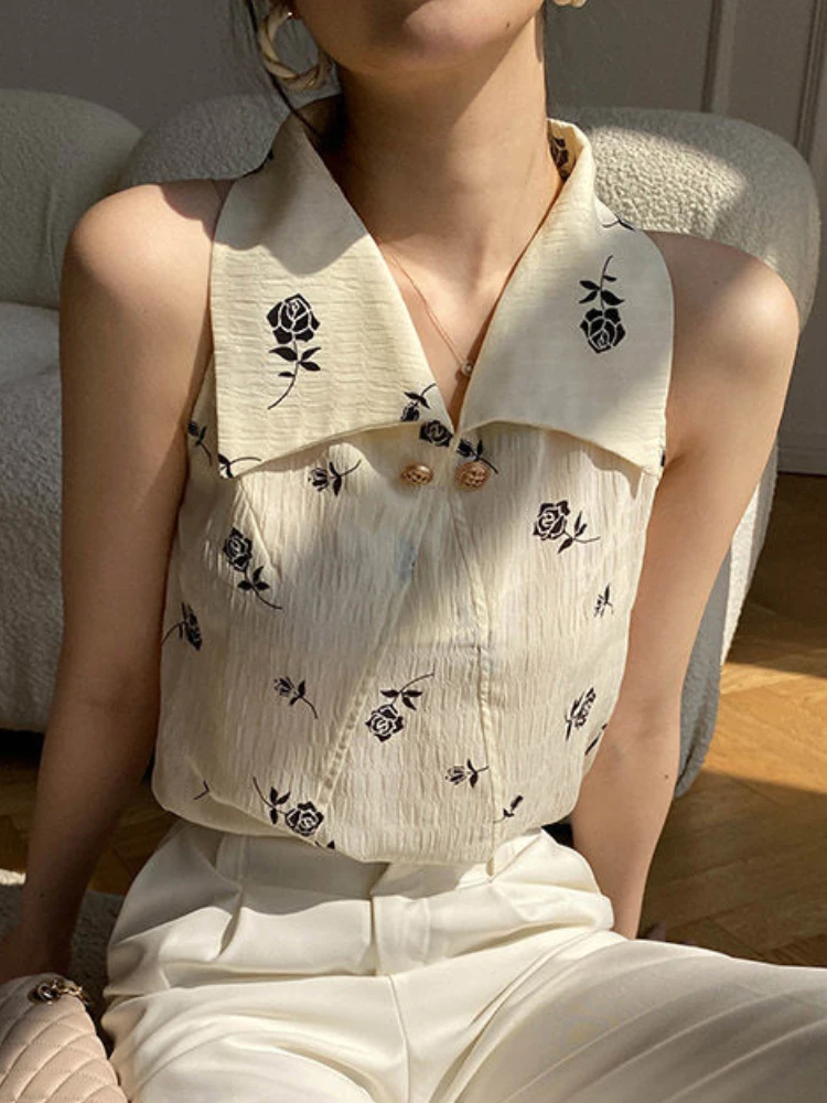 Sleeveless Blouses Women Floral Temperament All-match Retro Turn-down Collar Design Fashion Leisure Summer Breathable Female OL