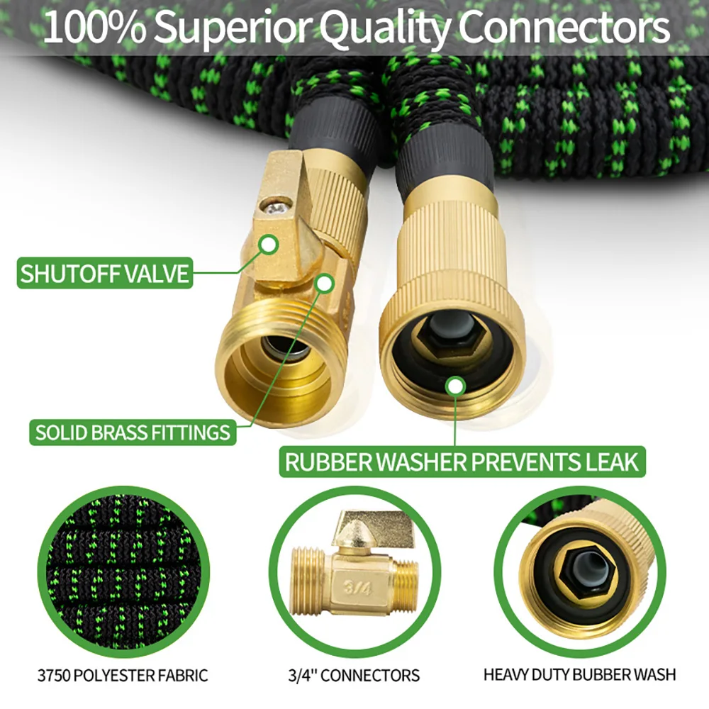 Green Garden Hose Expandable with 3-Way Latex Core Fabric 25-100Ft Water Hose High Density Functional Spray Nozzle Set