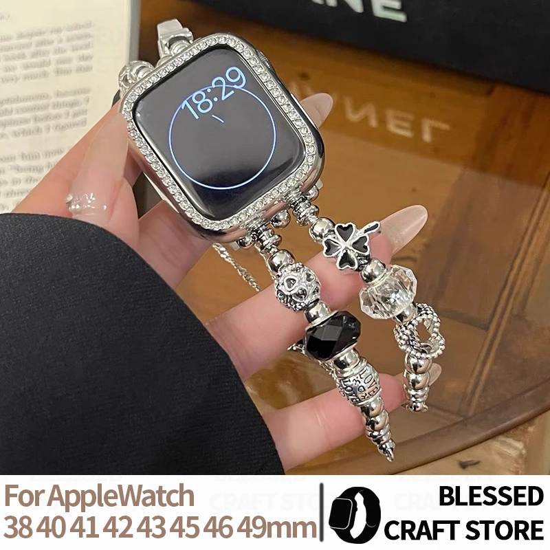 Retro Gothic Black Crystal Wristband for Apple Watch S11 10 9 8 7 6 Women Beaded Chain for IWatch Band 38 40 41 42 44 45 46 49mm