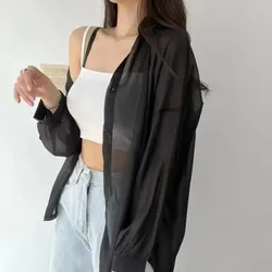 Lightweight Button Down Shirt Women Bikini Cover Up Tops Semi Sheer Chiffon Collared Plain Shirt Beach Outfit