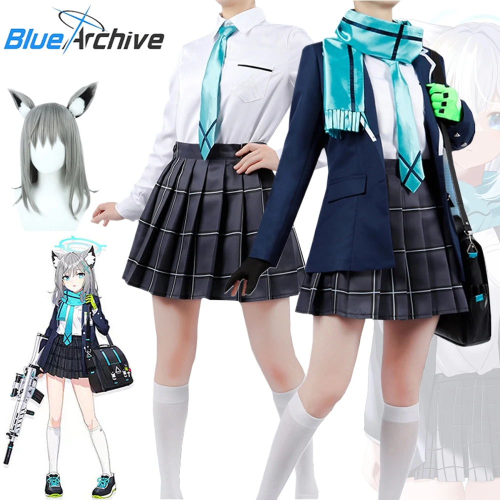 Blue Archive Sunaokami Shiroko Cosplay Costume Wig Ears Scarf The Animation Full Set JK Skirt School Uniform Halloween Party