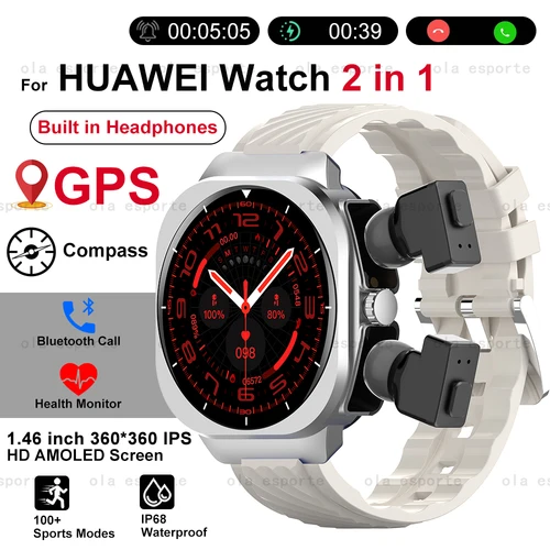 Imagen 1 del producto Reloj inteligente 2 en 1, rastreador GPS, brújula, auriculares integrados, llamada Bluetooth, reloj inteligente, Monitor de salud, Fitness, relojes deportivos para hombres