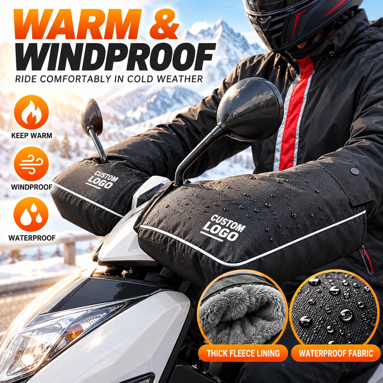OEM Custom Logo Electric Scooter Handlebar Mitts Thick Warm Waterproof Windproof Motorcycle Winter Gloves Hand Muffs Guante Moto