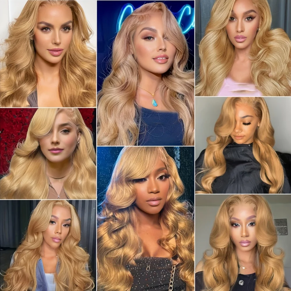 Honey Blonde Wig Human Hair 13x6 Body Wave Hd Lace Front Wigs Human Hair Pre Plucked 27# Colored Blonde Lace Frontal Wig 180% Density Real Hair Wavy Human Lace Front Wigs For Women view 8