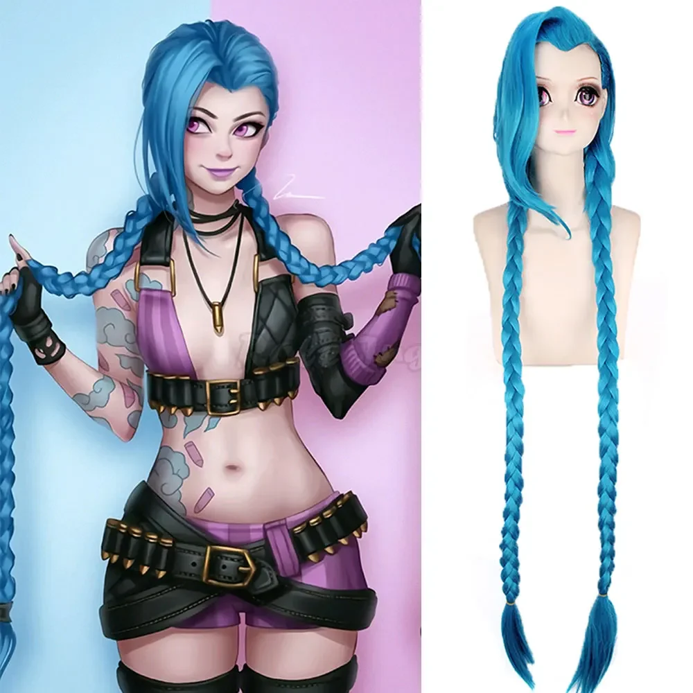 

Длинные Голубые косички LOL костюм Джинкс Wig 120 см Jinx, термостойкие синтетические парики для женщин и девушек, косплей