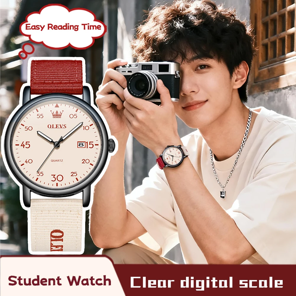 OLEVS 2997 Unisex Student Quartz Watch Nylon Strap Date Window Red Number Dial Wristwatch for Men Women Teens