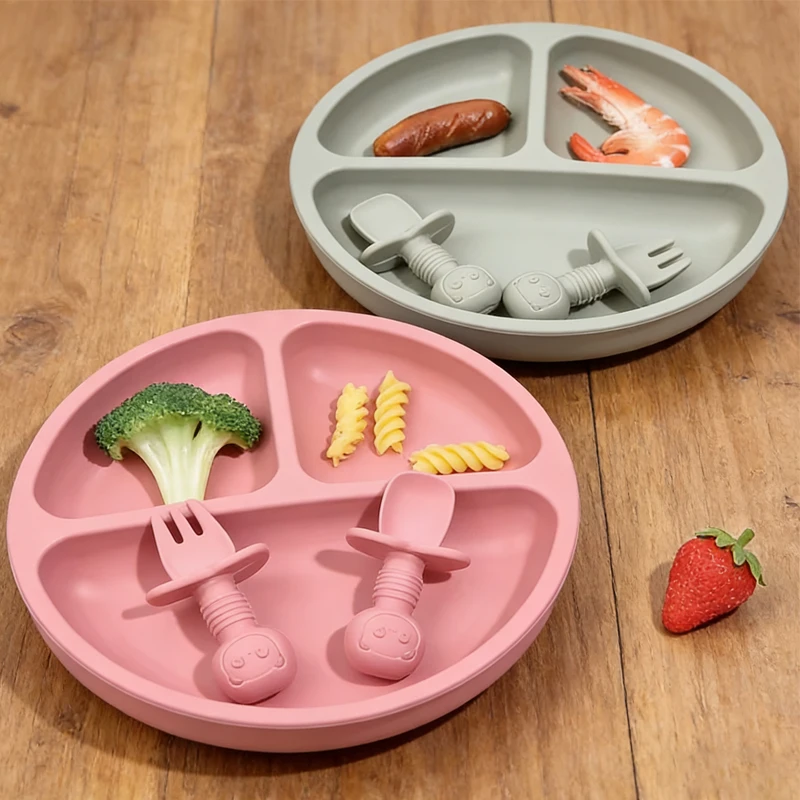 طبق أطفال من السيليكون الآمن بنسبة 100% من YLS مع شوكة ملعقة - أطباق مضادة للانزلاق مناسبة للتدريب على التغذية الذاتية للأطفال الصغار #3