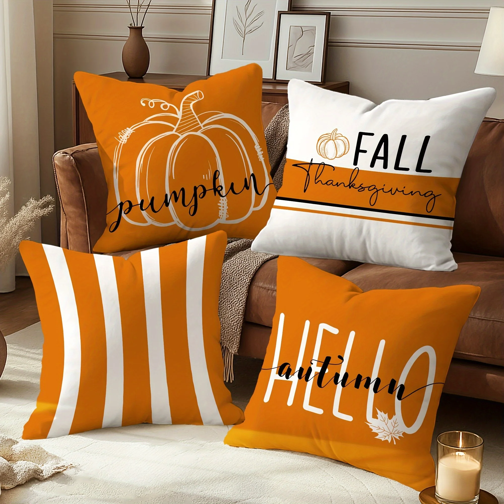 4pcs Velvet Autumn Thanksgiving Pillow Covers - Pumpkin, Maple Leaf & Striped Orange/White Design, 45x45cm/18x18inch, Modern