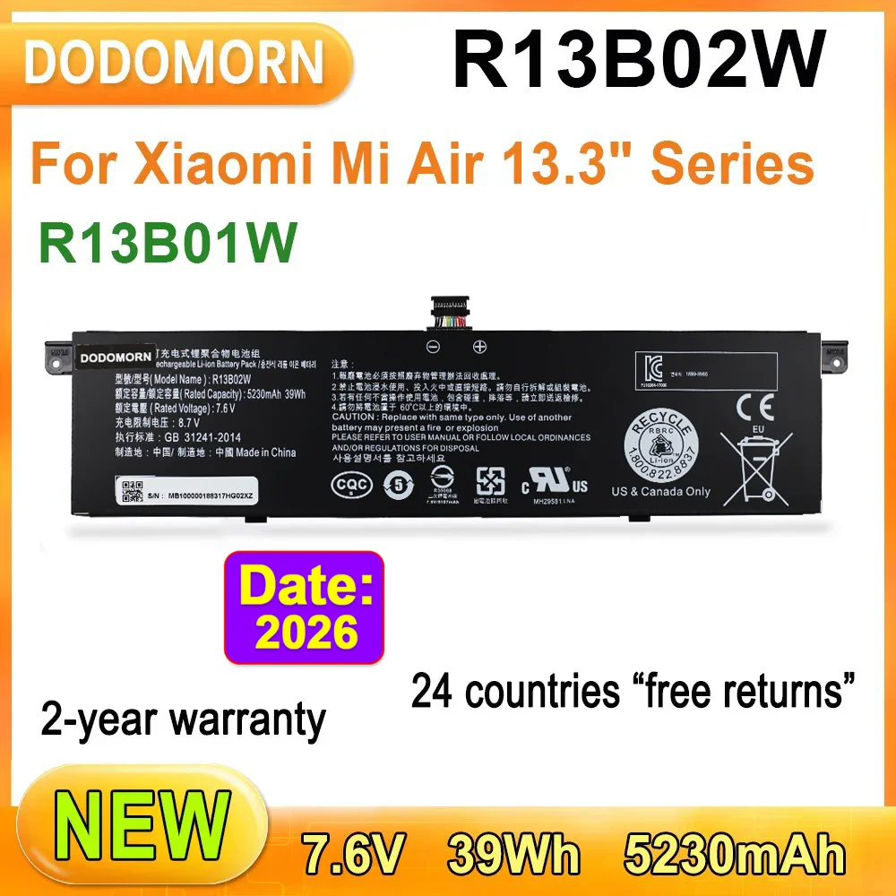 Batería de ordenador portátil para Xiaomi Mi Air, 13,3 ", 5230mAh, 39WH, alta calidad, 2 años de garantía, en Stock, novedad, R13B02W