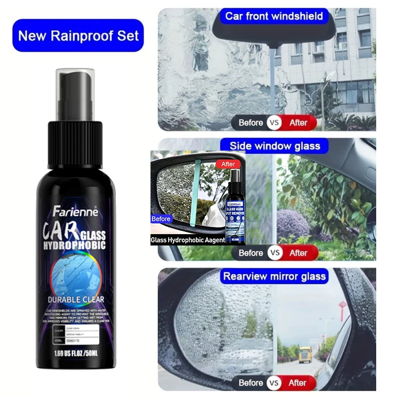 FARIENNE - 50ml Car Glass Hydrophobic Spray Anti Rain Water Repellent For Windshield Mirror With Cleaning Towel