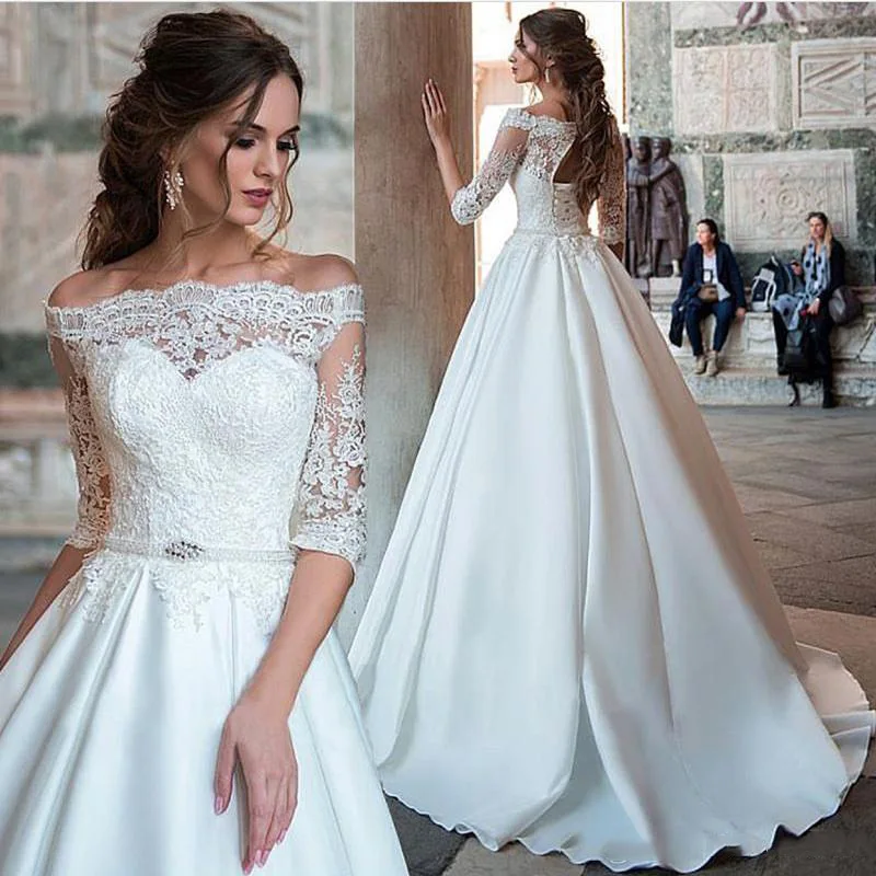 Elegant von der Schulter Hochzeits kleid Boots hals Schnürung a-Linie Halbarm Vestidos de Novia 2024 Robe de Mariée