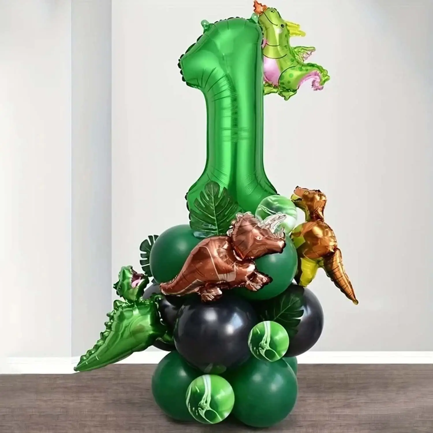 25-teiliges Grünes Dschungel-Dinosaurier-Dekorationsset für Jungen-Geburtstagsfeier, Zahlenballon, Säule, Tyrannosaurus Rex, Feuerdrache – Detail 3