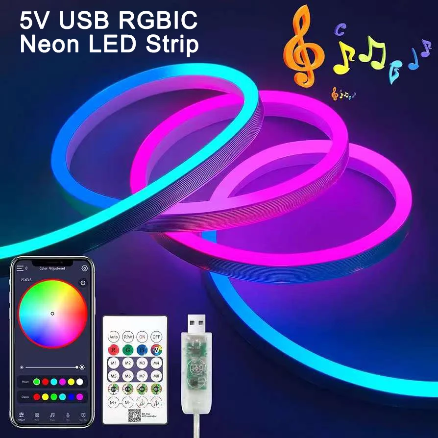 

1pcs 5M/16.4FT 5V RGBIC Neon Strip Light USB Waterproof IP67 Flexible Ribbon Tape Neon Lights With Bluetooth Remote Control For