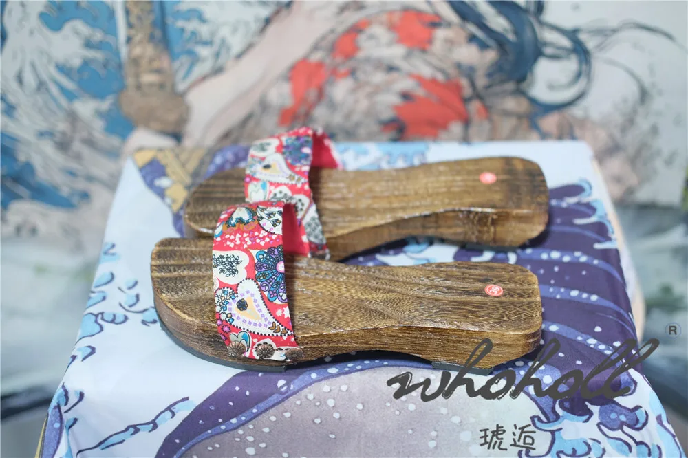 Japanische Holzclogs Damen Flip Flops Cosplay Hausschuhe Flacher Boden Sommer Kimono Sandalen Print Slipper – Detail 8