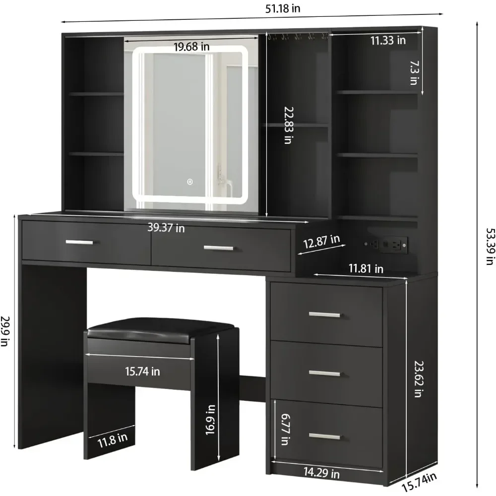 

Vanity Desk with Mirror and Lights, Makeup Vanity with 5 Drawers, Makeup Desk with Charging Station and Ample Storage