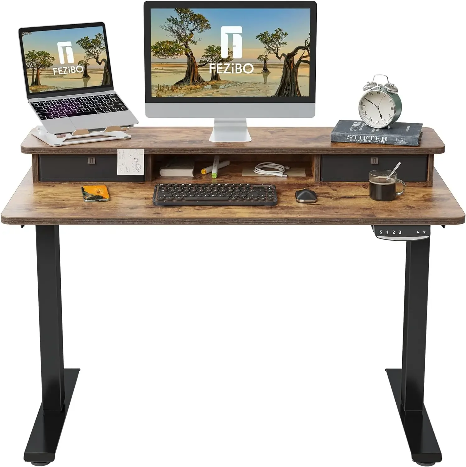 

Inch Height Adjustable Electric Standing Desk with Double Drawer, Stand Up Desk with Storage Shelf, Sit Stand Desk