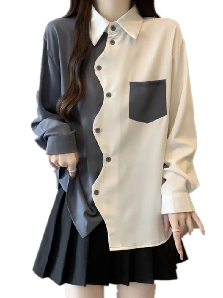 Large Size Women's Autumn Shirt Fashionable Color Block Design Irregular Long Sleeve Loose Fit Versatile Single Button Top