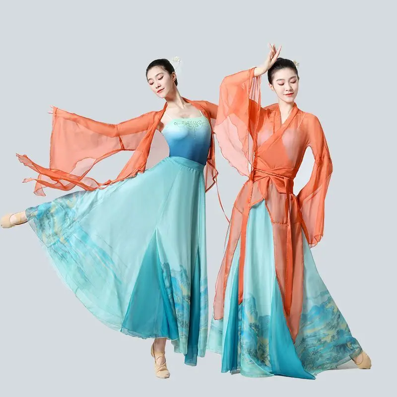 Chinese Style Folk Dance Dress Classical Dancer Performance Costumes Elegant Practice Clothes Chinese Chiffon Dnace Costume