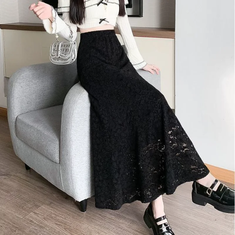Francês elegante renda mais veludo nádega fishtail saia outono inverno nova moda chique jacquard oco saia longa xq118