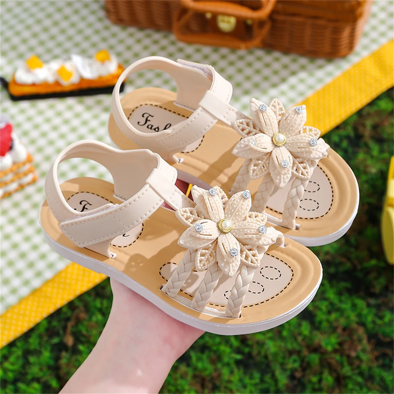 Sandalias de verano para niños, zapatos planos informales, suaves, antideslizantes, flor Rosa, con botones a presión