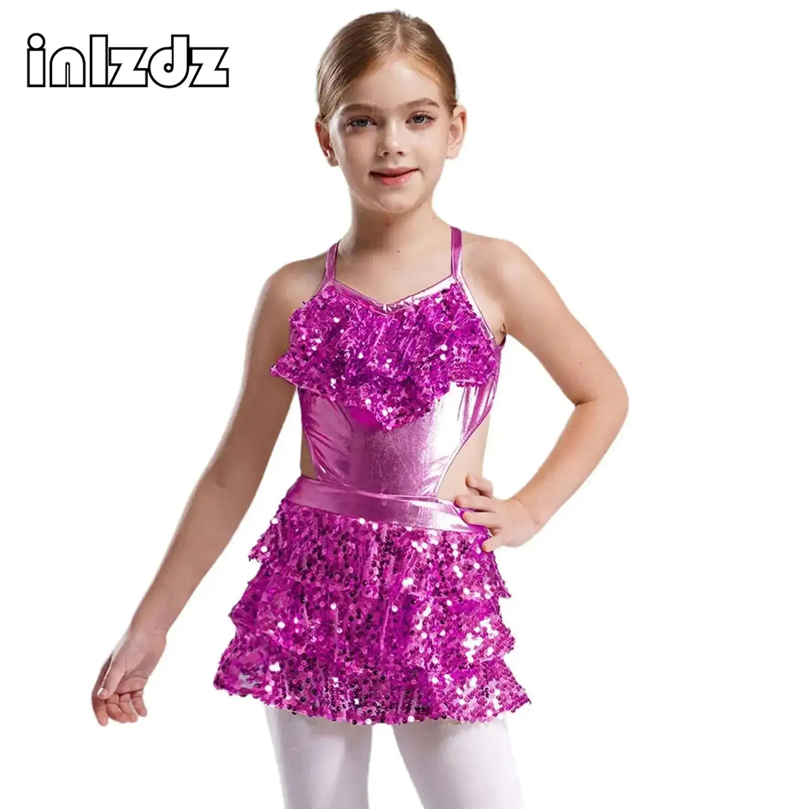 

Kids Girls Sequins Ballet Dance Shorty Unitard Dress Modern Jazz Latin Salsa Samba Rumba Metallic Tiered Bodysuit Dance Costumes