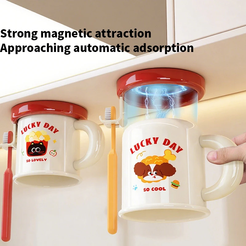 Suction cup toothbrush holder mouthwash cup: wall mounted, non perforated, magnetic, household bathroom storage set
