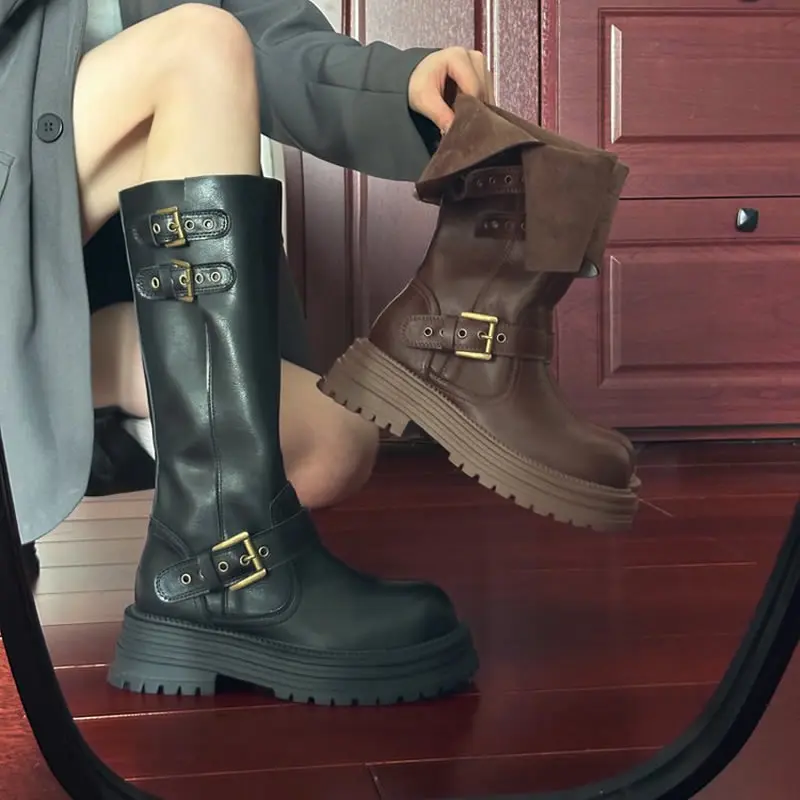 الشتاء حزام مشبك امرأة حذاء برقبة للركبة موضة منصة الكعوب فارس الجوارب الطويلة السيدات حذاء مريح Zapatos Mujer #2