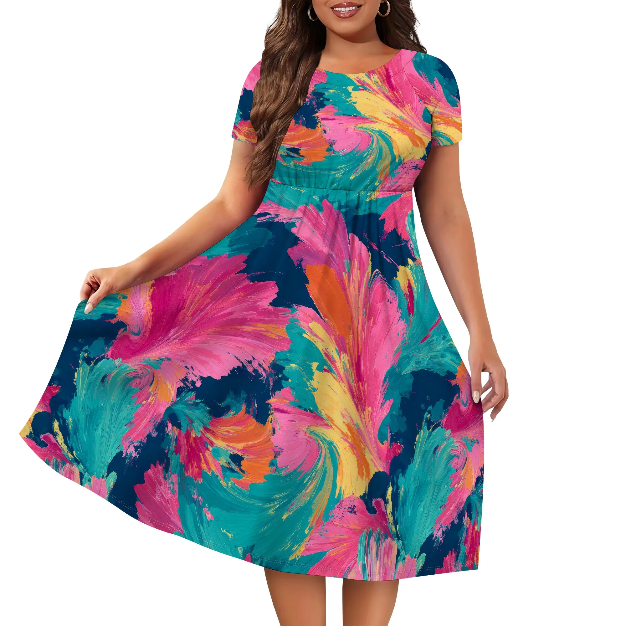 

Midi Dresses for Women Wedding Guest Summer Short Casual Floral T-Shirt Dress Crewneck A-Line Flowy Beach Sundress