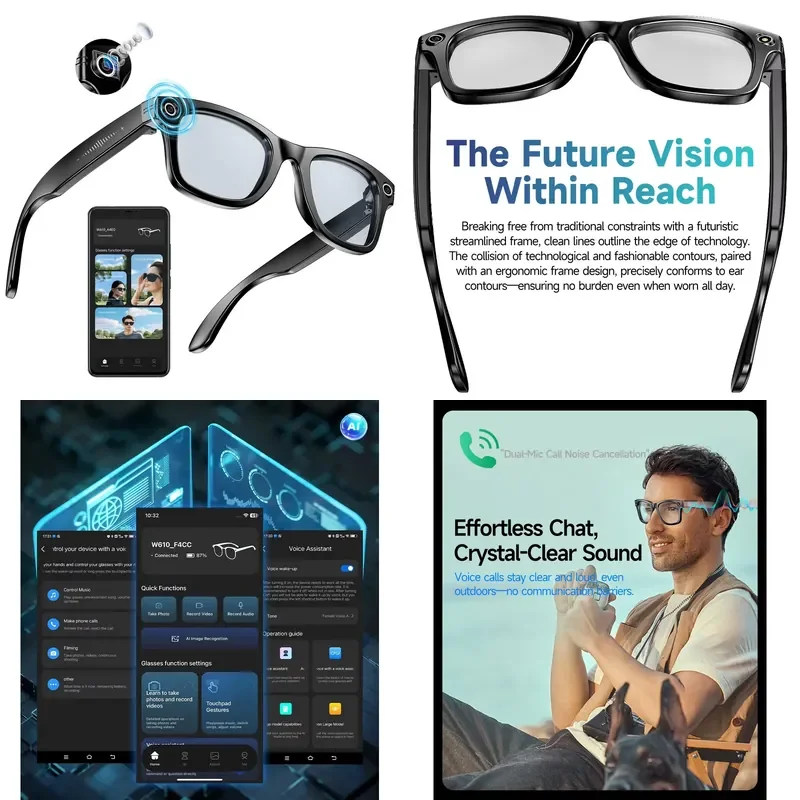 

【CHIMU HOME】 W610 AI Smart Glasses for 800W HD Camera Dual-Mic Noise Cancellation Anti-Shake Anti-Blue Light Smart Sunglasses