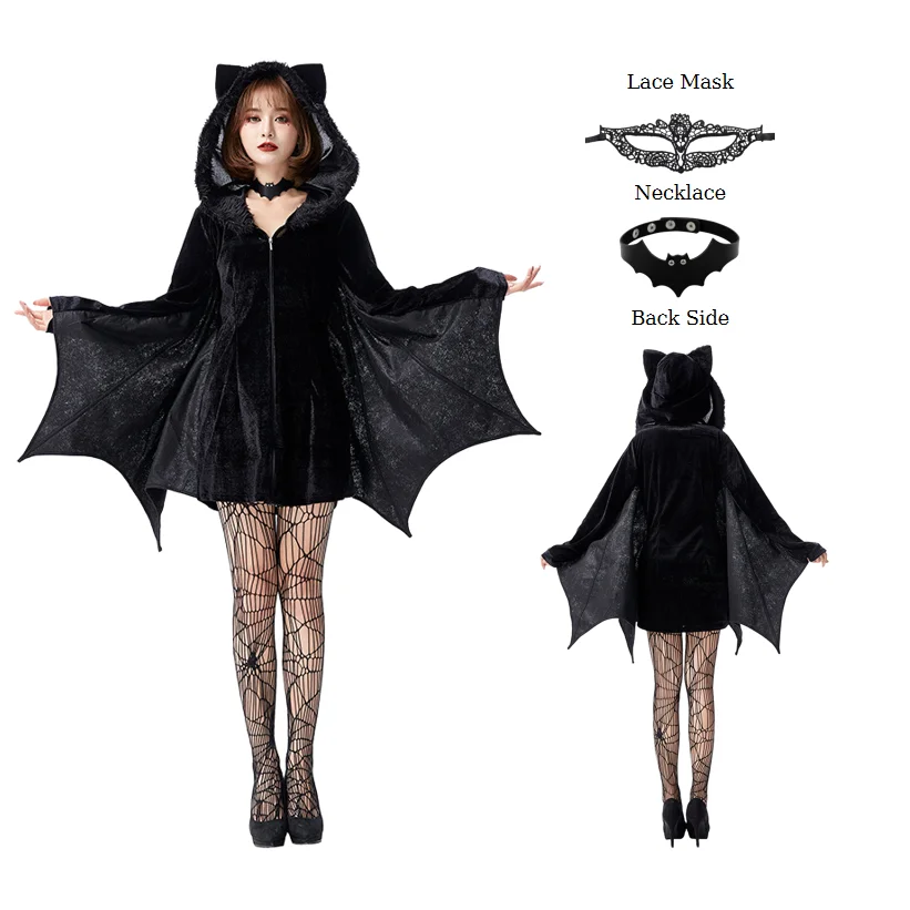 

Halloween Wicked Bat Dress Gothic Carnival Women Joker Bat Hood Bodysuit Devil Costume Gothic Outfit Wings Romper Adult Black