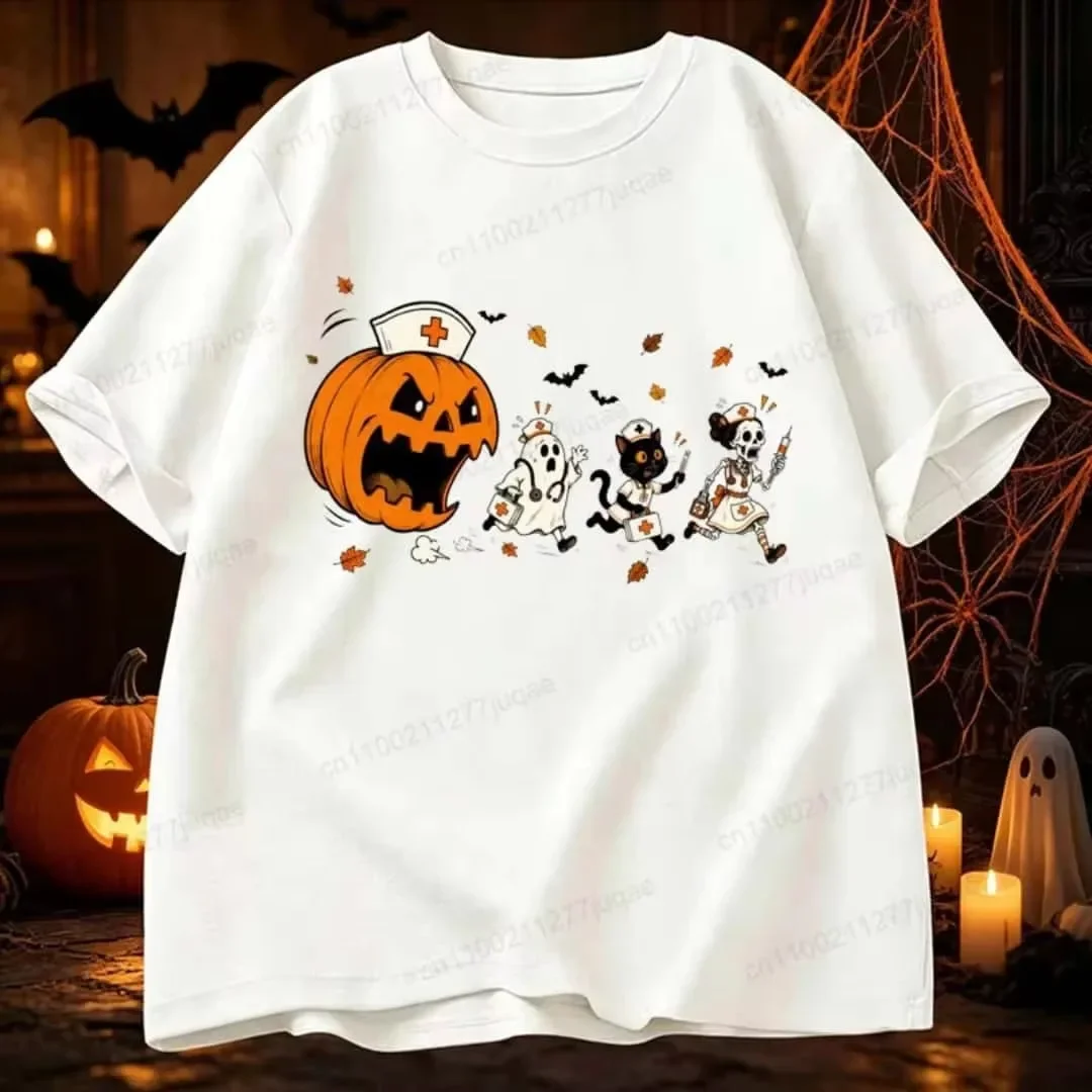 Men's and Women's T-shirt Funny Halloween Patterns, Horror Medical Team, Pumpkin Ghost, Skeleton Cat Print T-shirt Streetwear