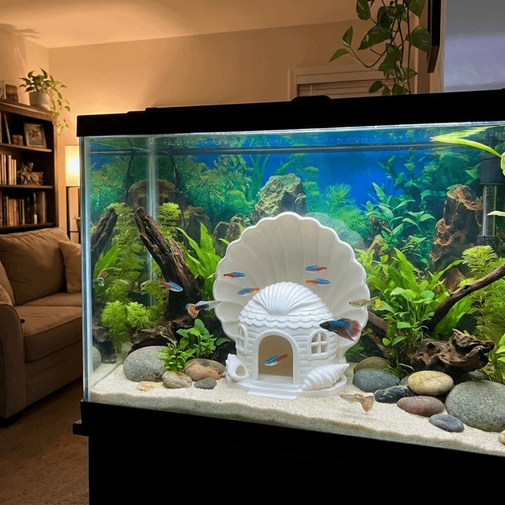3D Printed Fish Hiding House Plastic Seashell Shaped Betta Shelter Natural Look Breathable Aquarium Hideout Micro Landscape