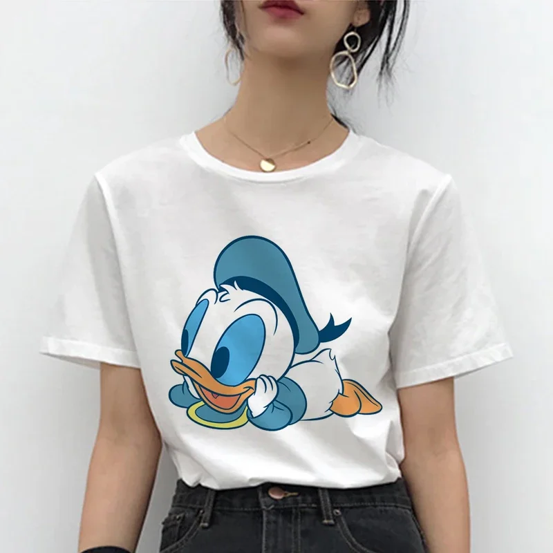 Disney T Shirt Summer Women\'s Simple Solid Color O Neck Harajuku T Shirt Short Sleeve Mickey Mouse and Donald Duck