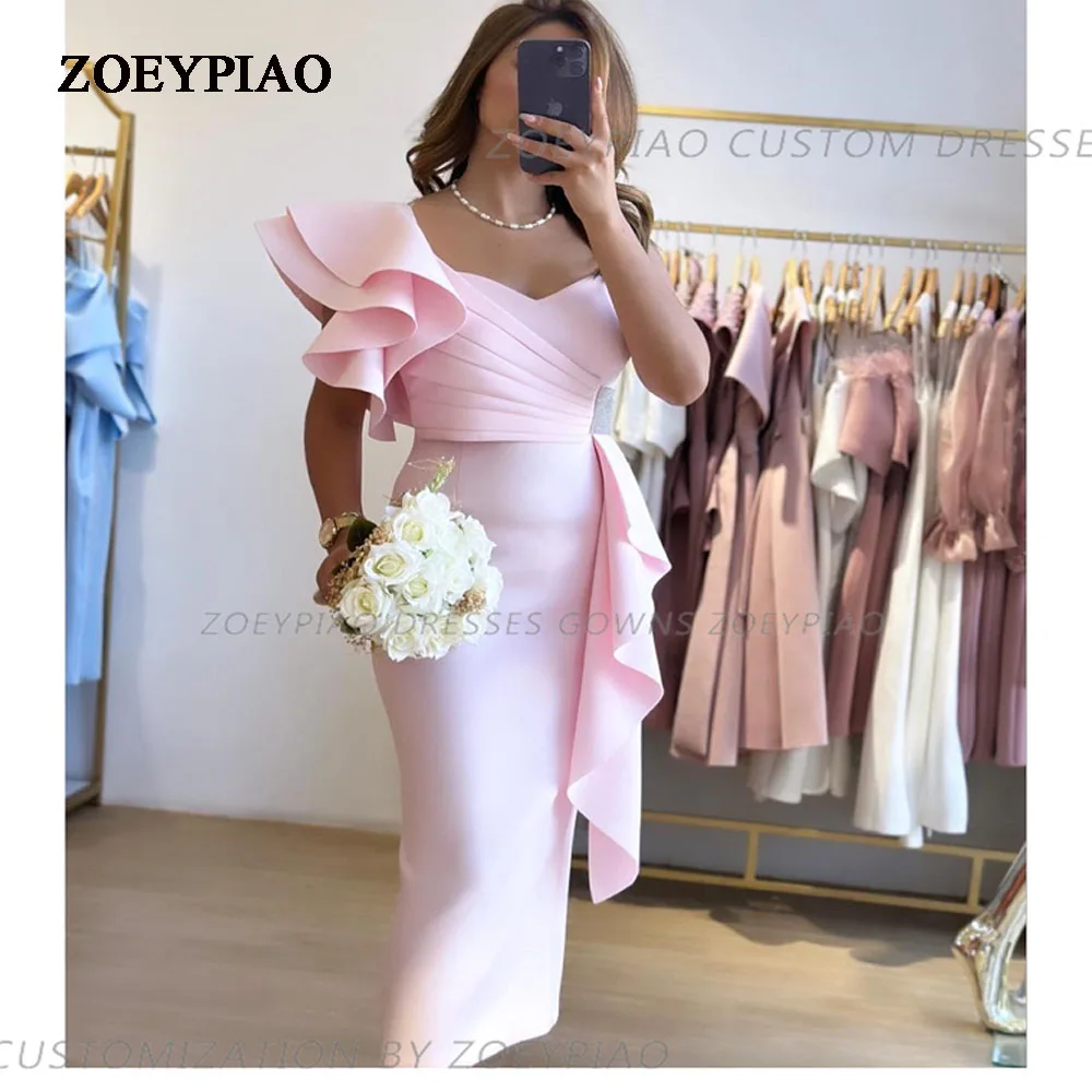 Summer Light Pink Short Prom Dresses One Shoulder Tiered Ruffles Fairy Satin Formal Casual Evening Gowns Night Party فساتين ح